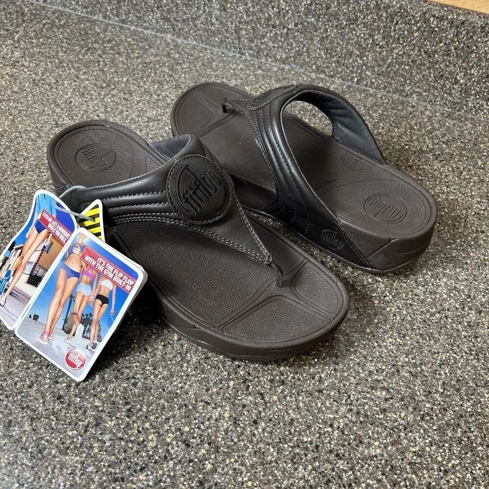 FitFlop Wobble Board Brown Thong Leather Summer Sandal Womens 10 Comfort Slip On